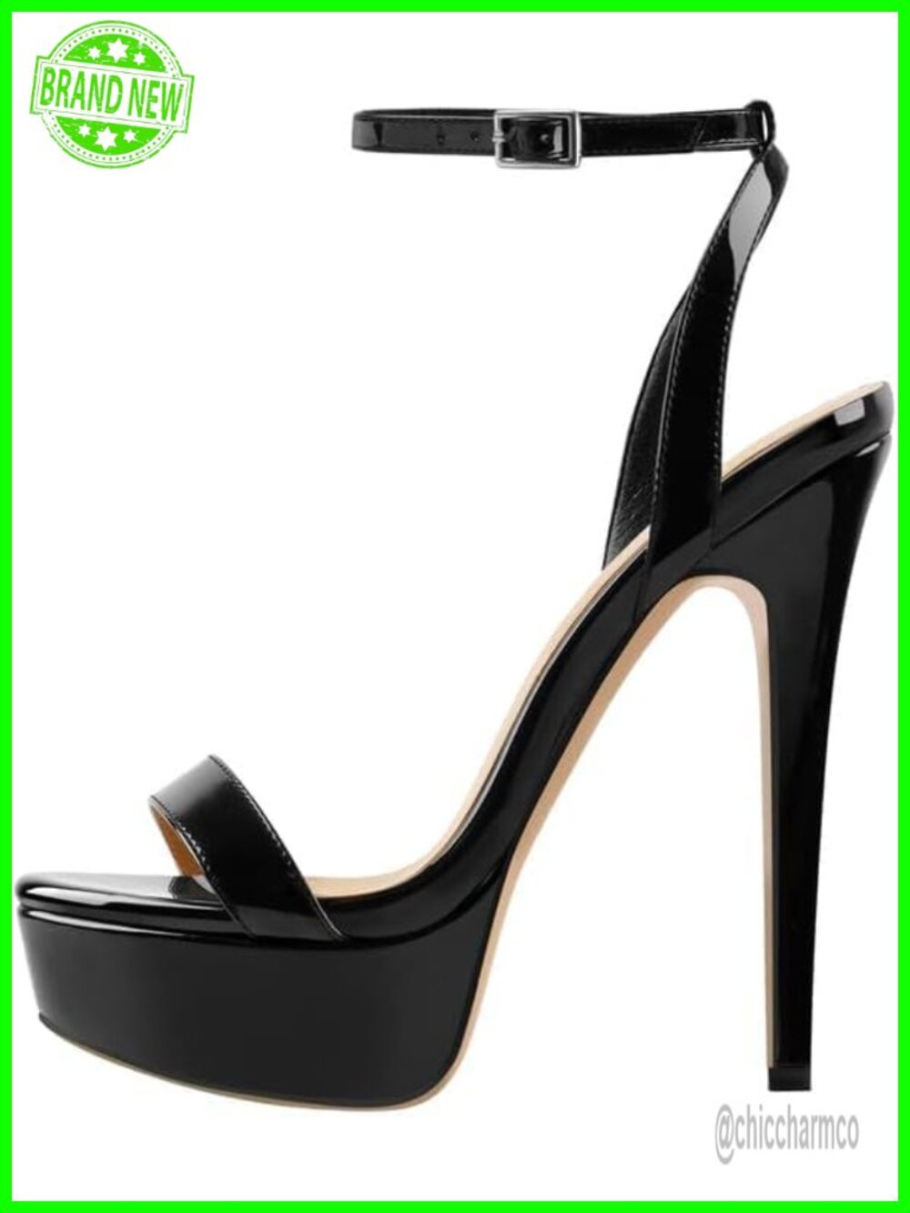 Patent Leather Platform Stiletto Sandals, Open Toe Ankle Strap High Heels for